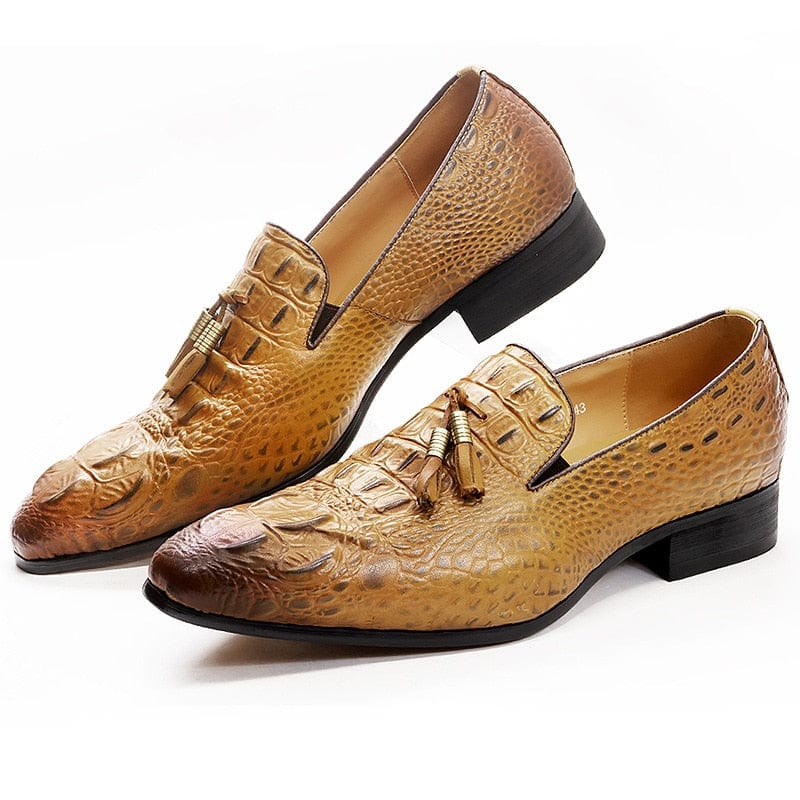 Men's crocodile print tassel slip-on leather loafers tan pair