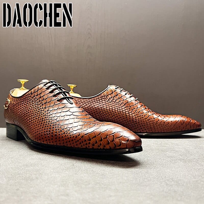 Men's Black Brown Snake Print Pointed Toe Lace-Up Oxford Dress Shoes