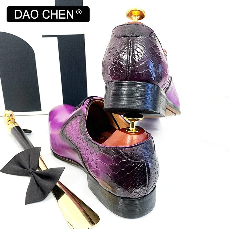 Men's Purple Black Snake Print Pointed Leather Oxford Dress Shoes