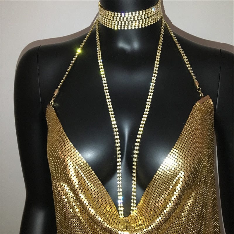 AKYZO Sexy Gold Sequined Patchwork Mini Dress Women Sleeveless Low Cut Metal Chains Halter Slim Charming Nightclub Party Dresses
