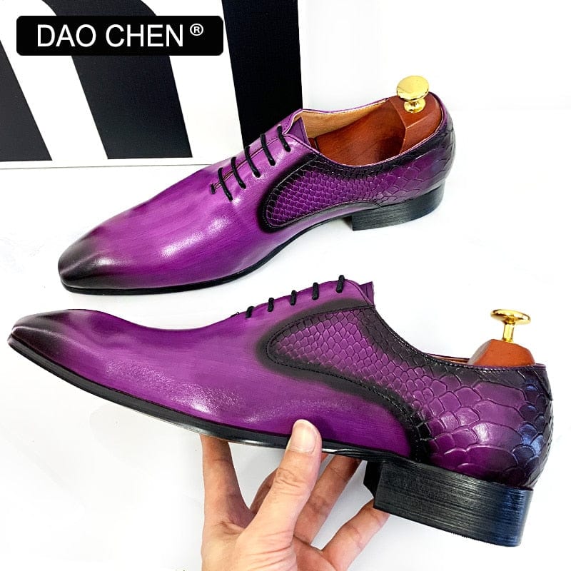 Men's Purple Black Snake Print Pointed Leather Oxford Dress Shoes