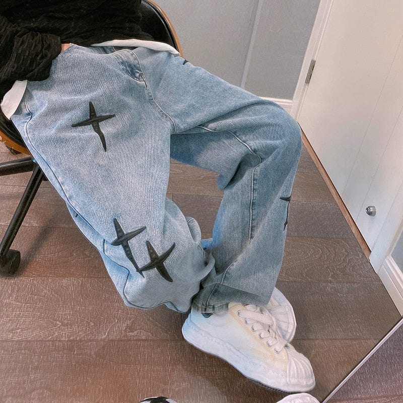 Men's Straight Loose Wide-Leg Embroidered Jeans
