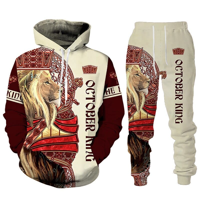 Men's Lion Print Hoodie Jogger Tracksuit Two-Piece Set