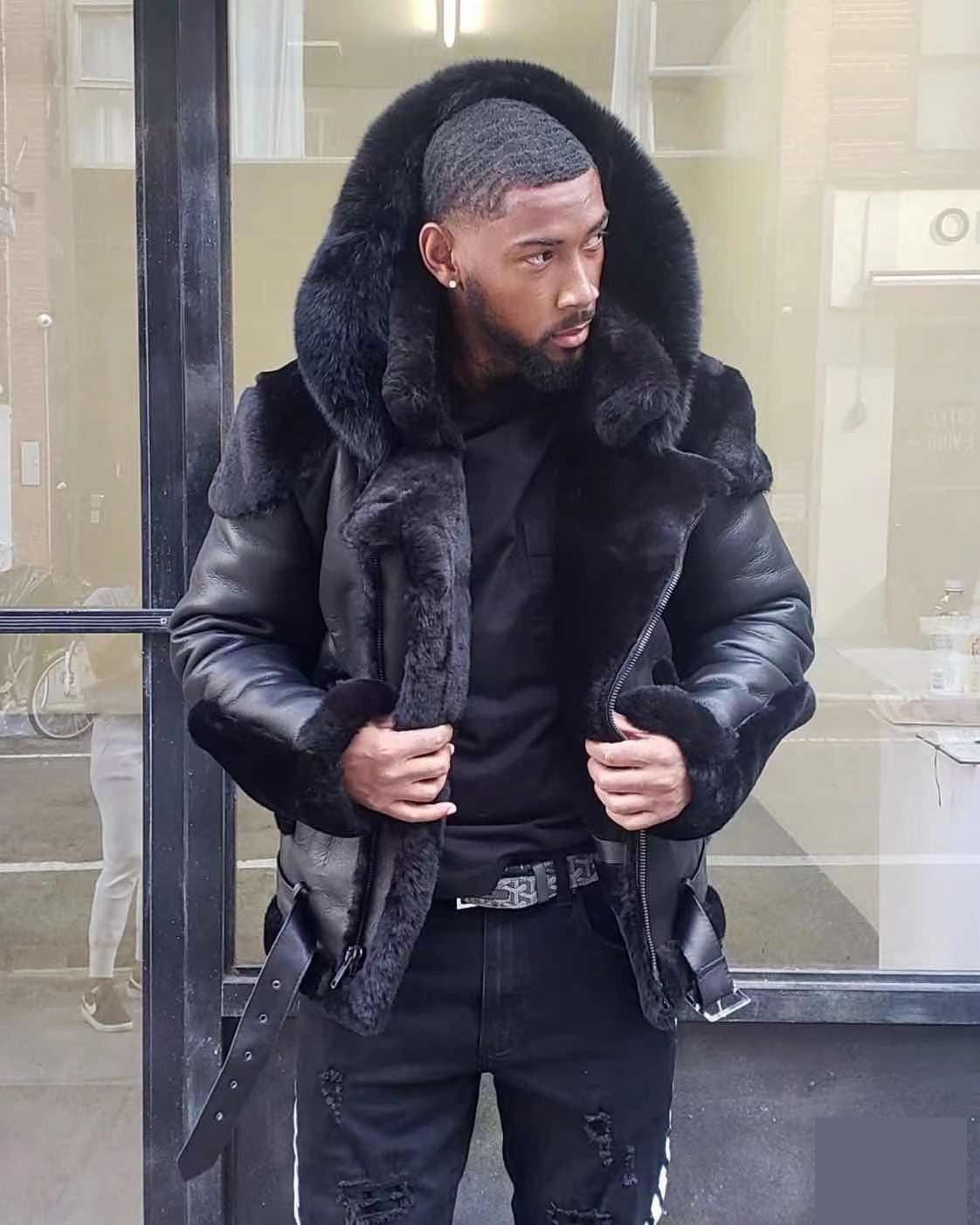 New Men's Leather Coat Winter Large Size Jacket with Fur Collar and Long Sleeve Wool Lining Casual Men's Jacket