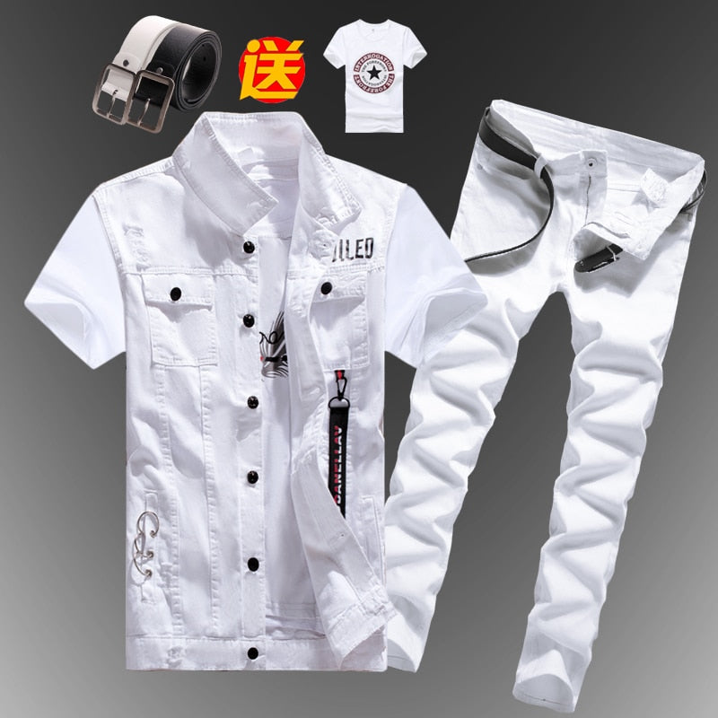 Men's Slim Fit Sleeveless Denim Vest and Jeans Two-Piece Set
