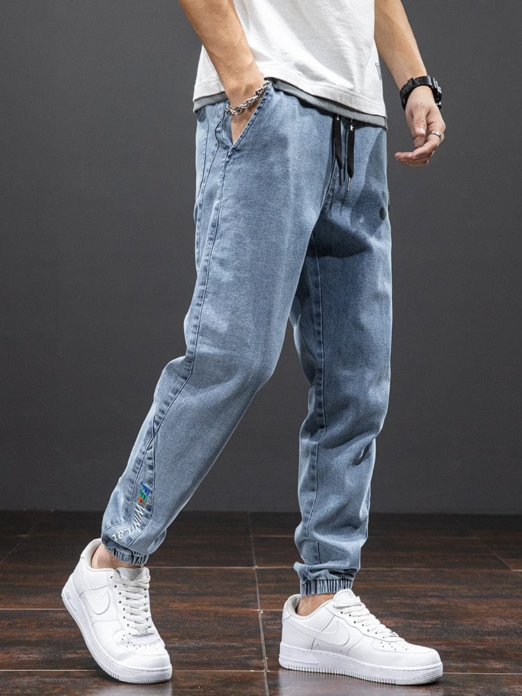 Men's Black Blue Baggy Cargo Denim Jogger Jeans, Plus 6XL-8XL