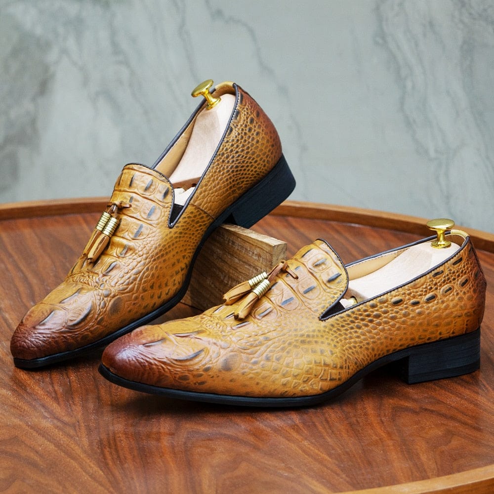 Men's Crocodile Print Black Brown Tassel Slip-On Leather Loafers