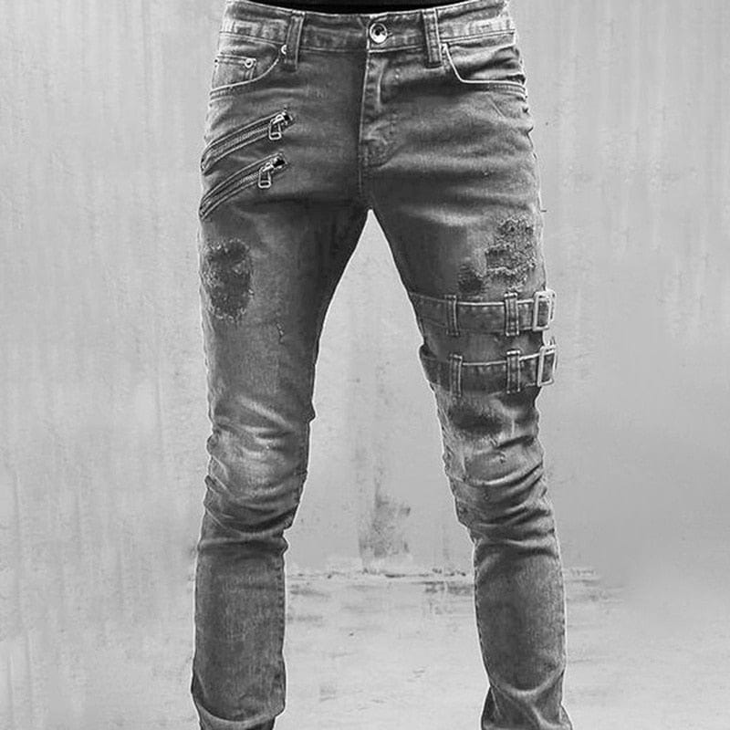 Men's High-Waist Skinny Straight Denim Jeans, Streetwear