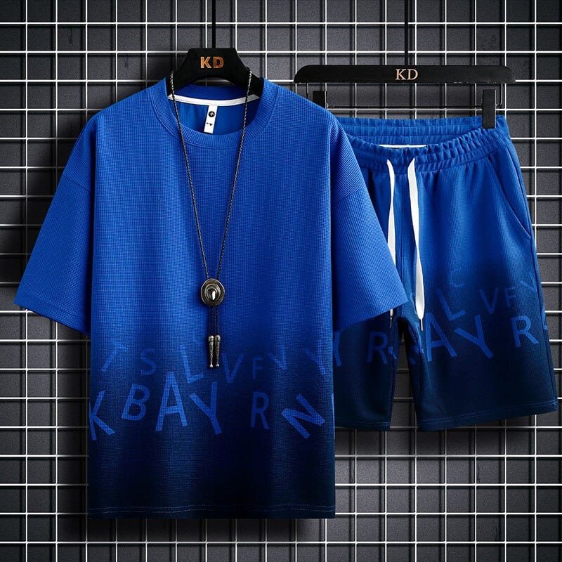 Men's Gradient O-Neck T-Shirt and Shorts Two-Piece Sports Tracksuit