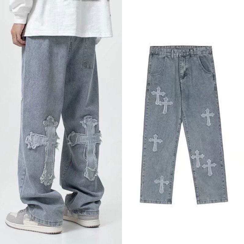 Men's Straight Loose Wide-Leg Embroidered Jeans