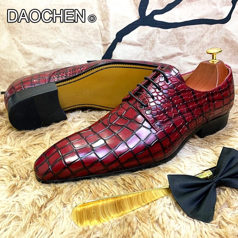 Luxus-Herrenschuhe aus echtem Leder in Rot und Schwarz, spitze geschnürte Derby-Oxford-Schuhe mit Prägemuster für Hochzeiten, fürs Büro und in der Freizeit