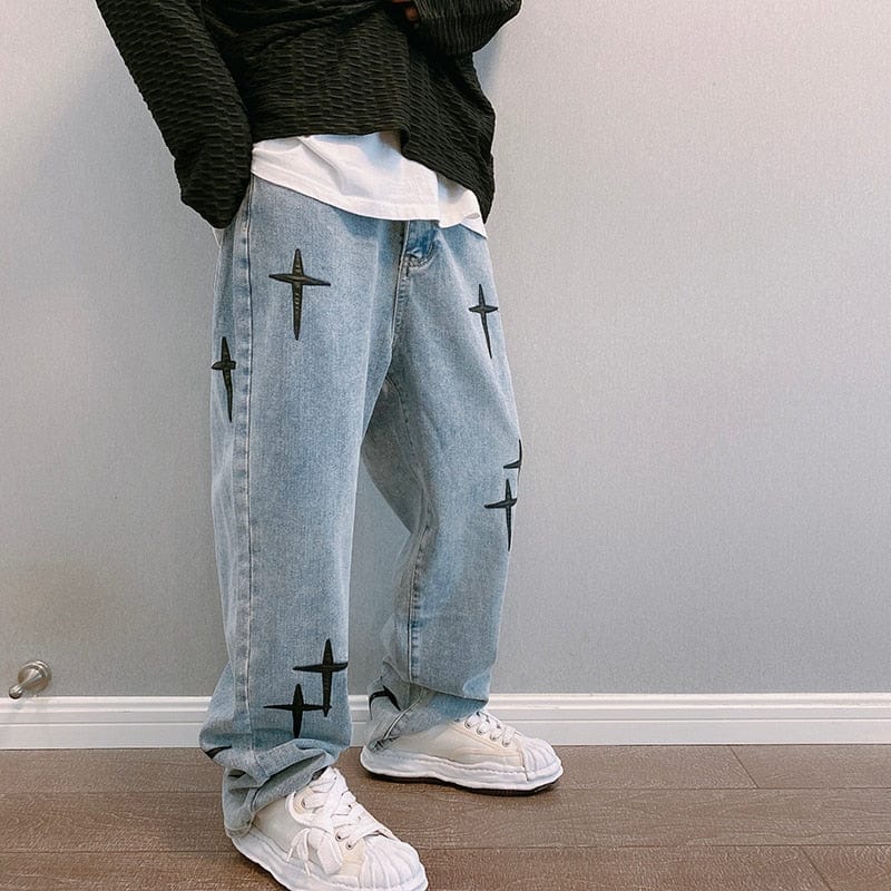Men's Straight Loose Wide-Leg Embroidered Jeans