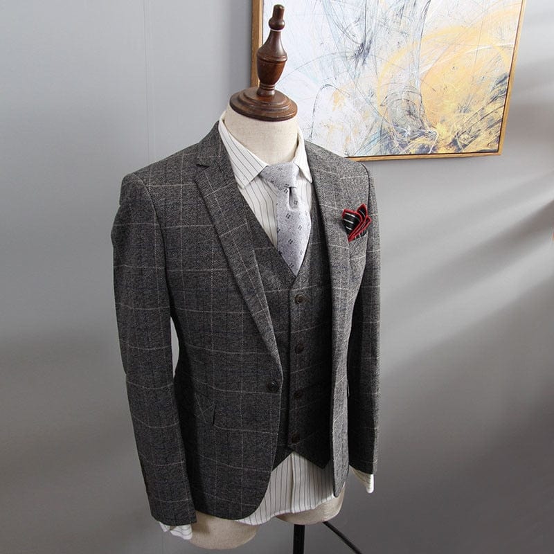 Men's British Plaid 3-Piece Wedding Suit