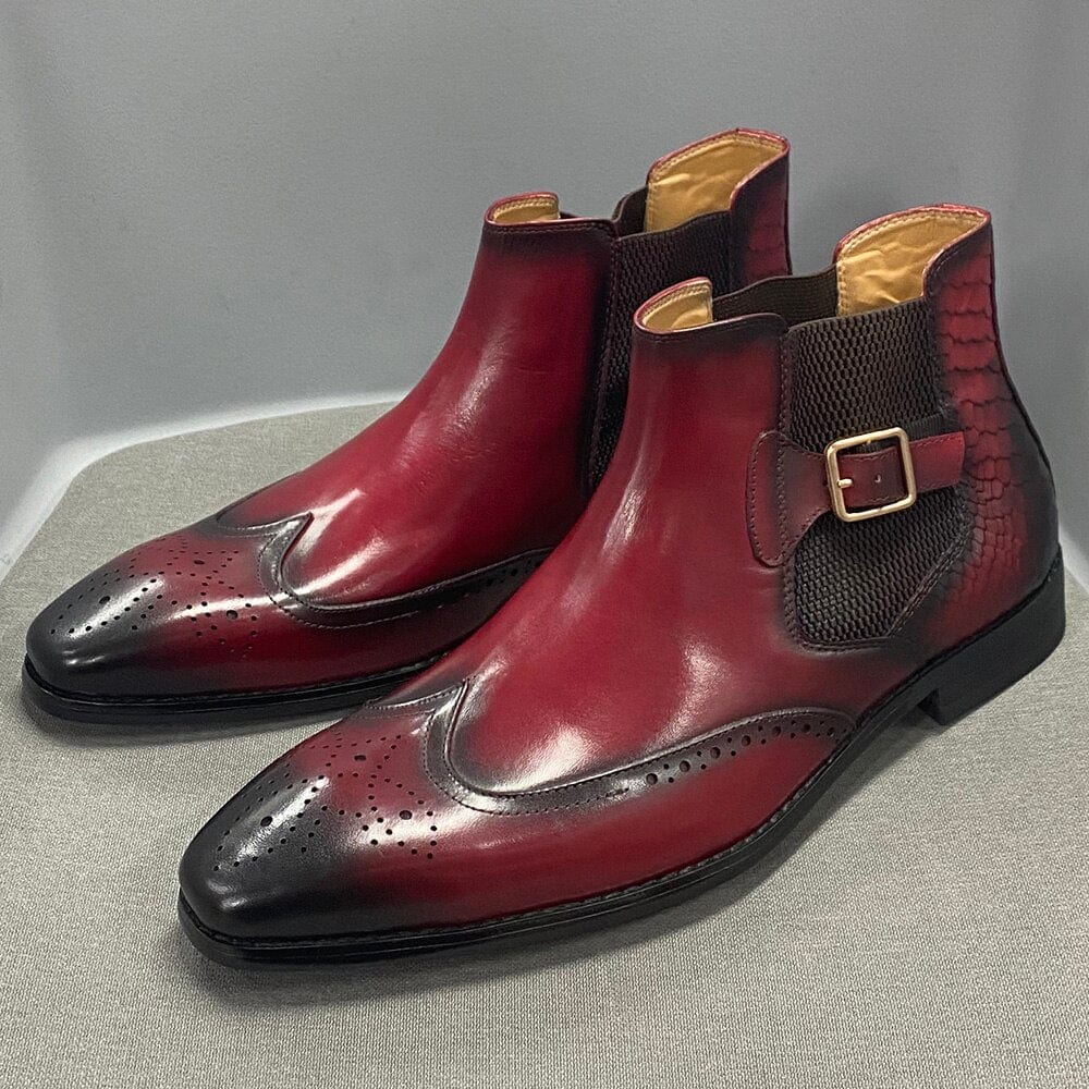 Men's Genuine Leather Chelsea Slip-On Buckle Ankle Boots Black Brown