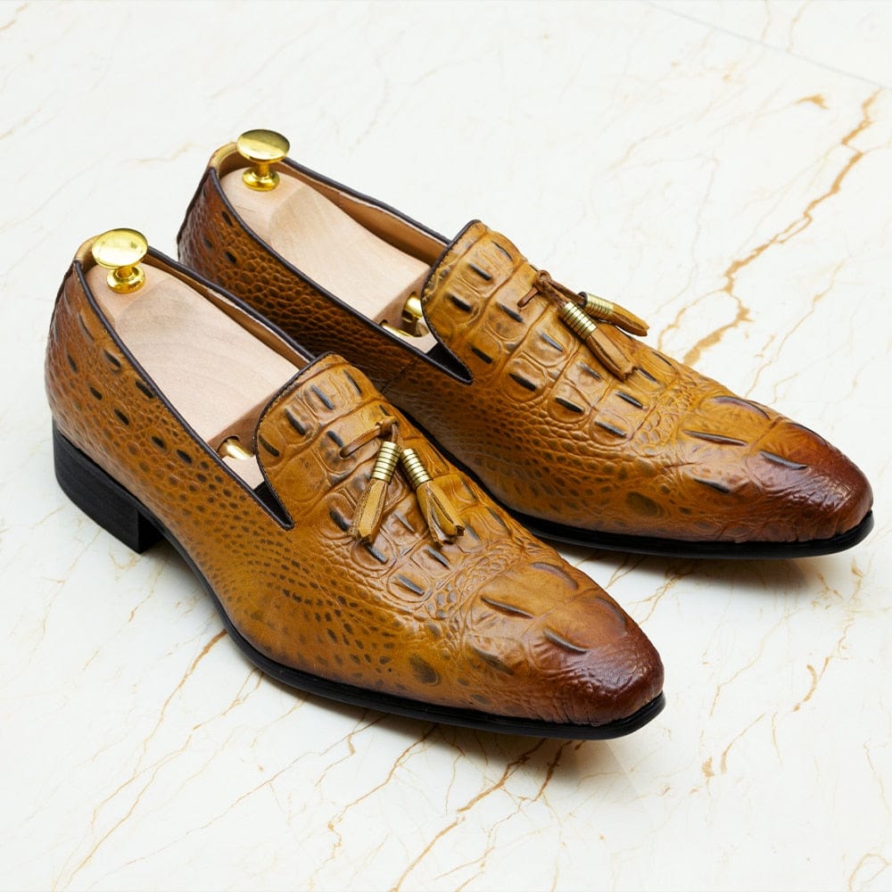 Men's Crocodile Print Black Brown Tassel Slip-On Leather Loafers