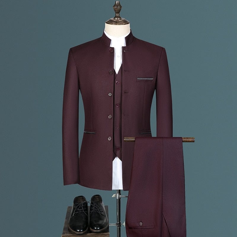 Men's Slim Stand-Collar Jacket, Vest, and Trousers Suit