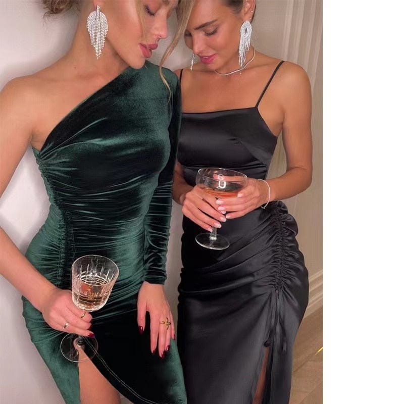 Women's One Shoulder Ruched Slit Velvet Midi Dress