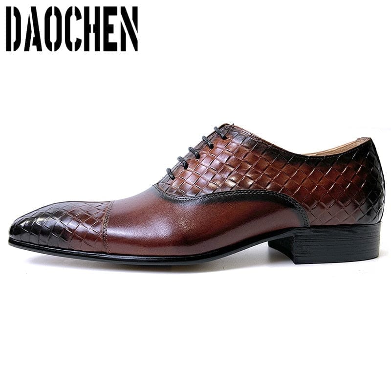 Men's Black Green Split-Toe Weave Print Leather Oxfords Wedding