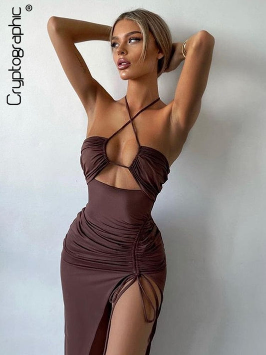 Cryptographic Hot Summer Sexy Halter Backless Sleeveless Cut Out Maxi Dress for Women Elegant Club Party Slit Dresses Vestido