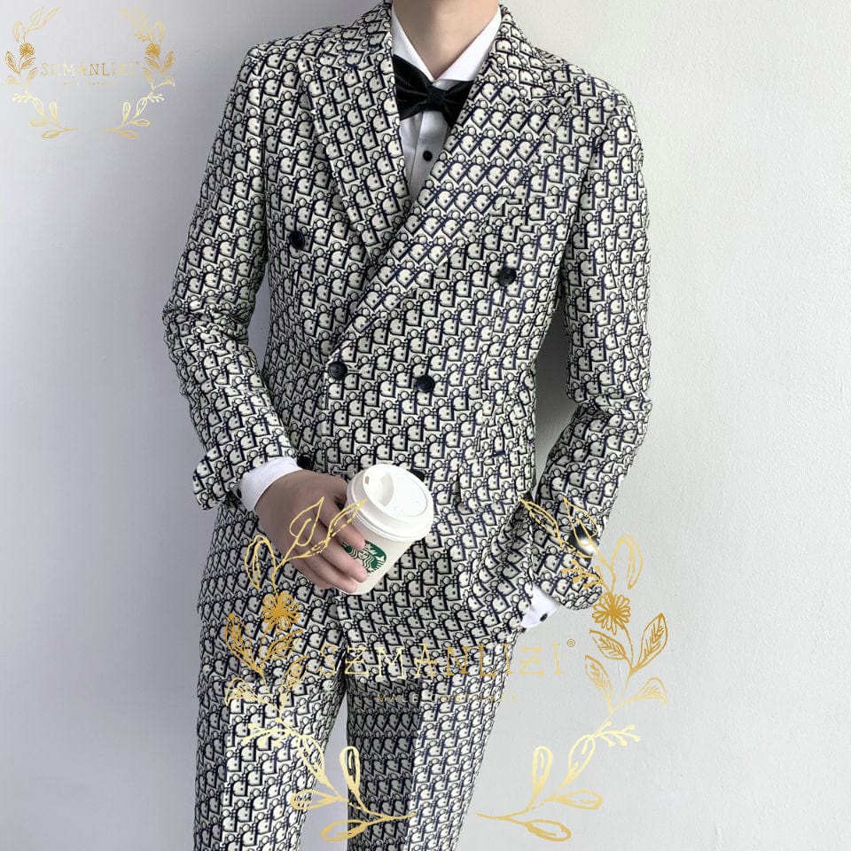 Men's Brown Plaid Double-Breasted Groom Tuxedo Suit Jacket Pants