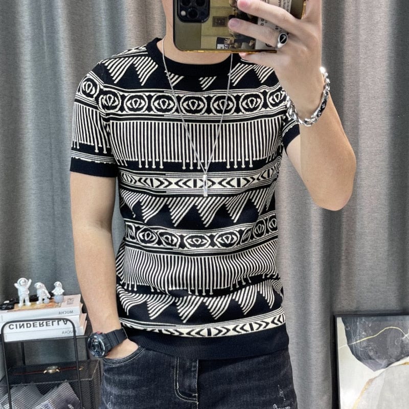 Men's Slim Color Contrast Short Sleeve Knit Streetwear T-Shirt
