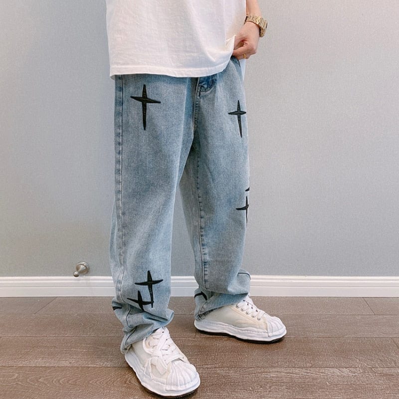Men's Straight Loose Wide-Leg Embroidered Jeans