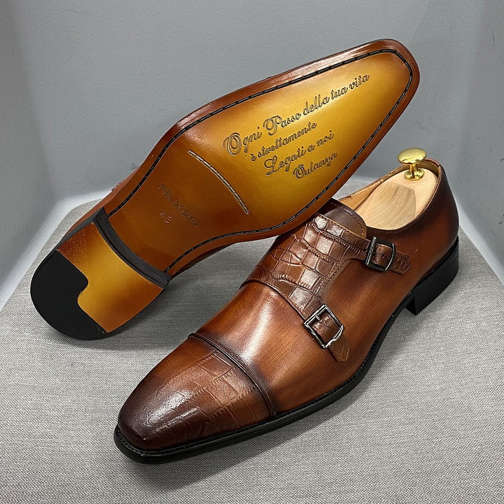 Men's Calf Leather Monk Strap Crocodile Print Oxford Shoes