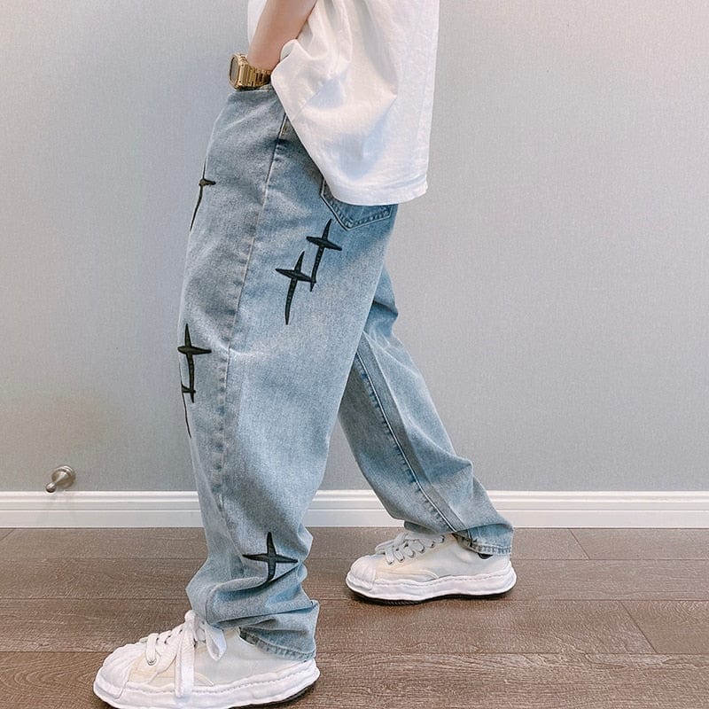 Men's Straight Loose Wide-Leg Embroidered Jeans