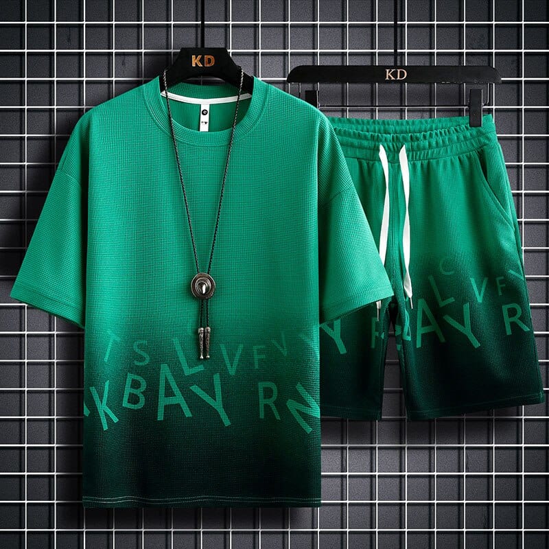 Men's Gradient O-Neck T-Shirt and Shorts Two-Piece Sports Tracksuit