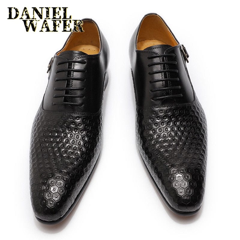 Men's Genuine Leather Geometric Print Pointed Oxford Shoes