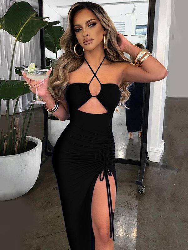 Women's Halter Backless Cut-Out Slit Maxi Dress
