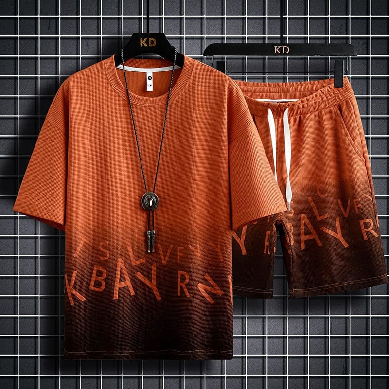 Men's Gradient O-Neck T-Shirt and Shorts Two-Piece Sports Tracksuit