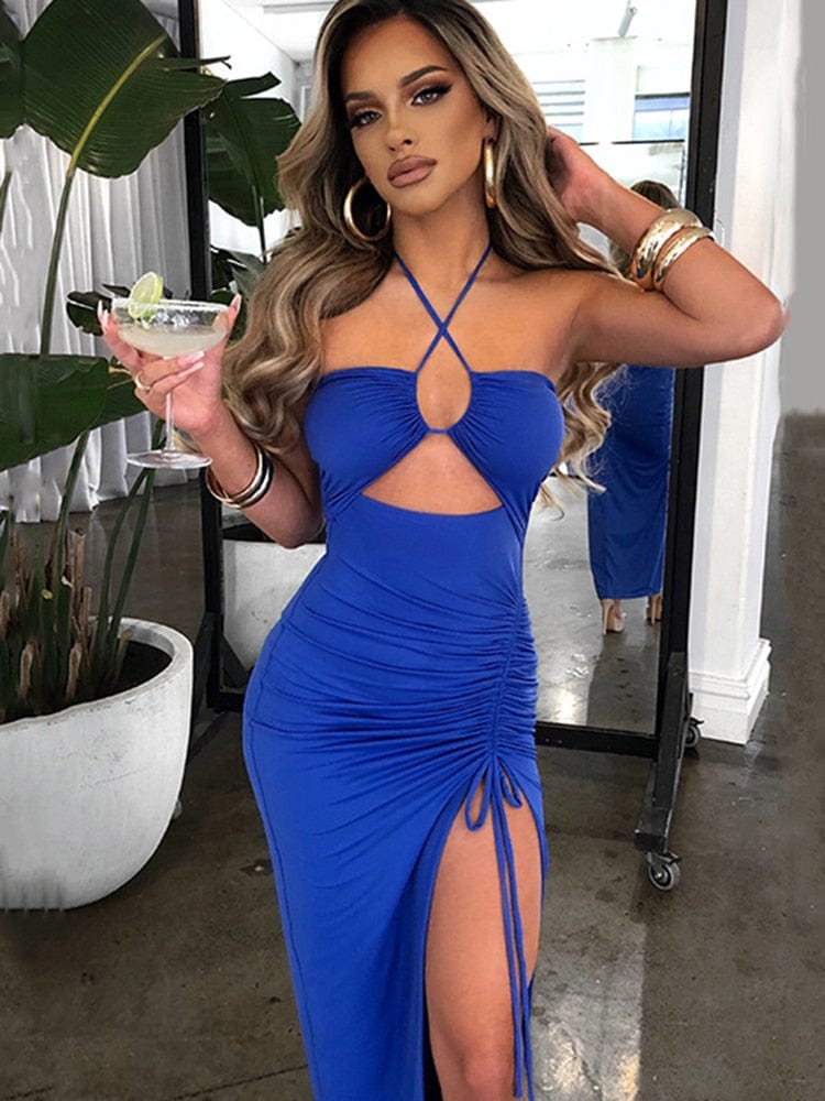 Women's Halter Backless Cut-Out Slit Maxi Dress