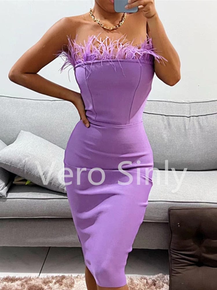 Women's Strapless Backless Feather Black Midi Bandage Dress