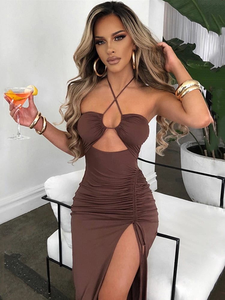 Women's Halter Backless Cut-Out Slit Maxi Dress
