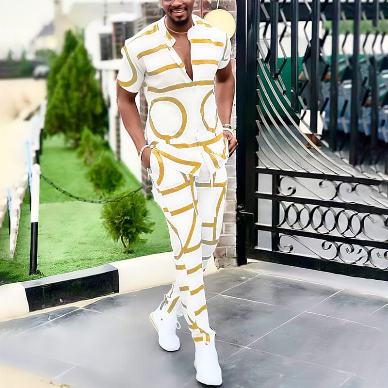 Men's Short Sleeve Print Top and Long Pants Two-Piece Set