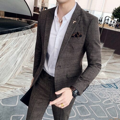 (Jackets+Pants) 2022 New Style Men&#39;s Spring High Quality Cotton Business Blazers/Male Slim Plaid Two Suit/plaid Groom Dress 3XL