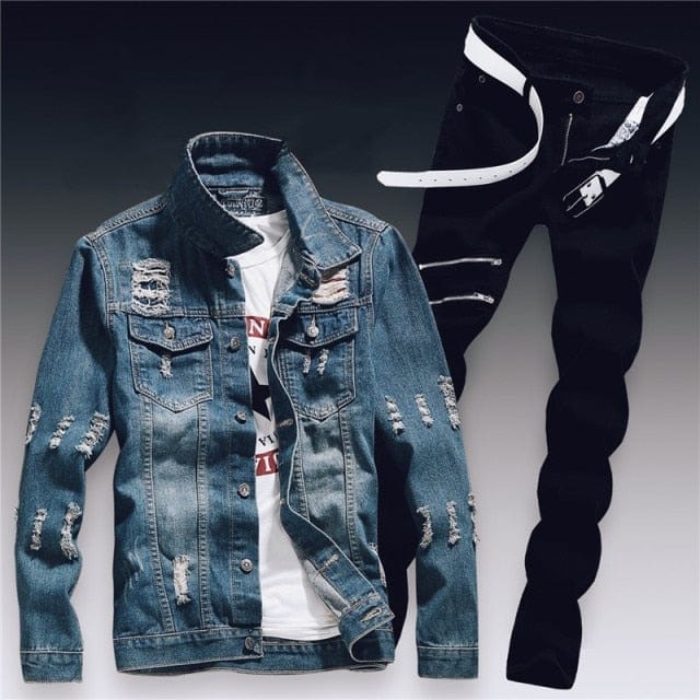Men's Ripped Slim-Fit Denim Jacket and Jeans Two-Piece Set