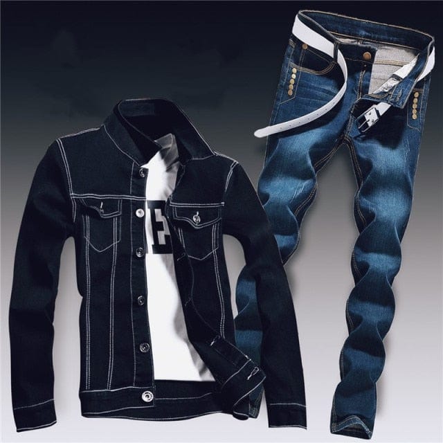 Men's Ripped Slim-Fit Denim Jacket and Jeans Two-Piece Set
