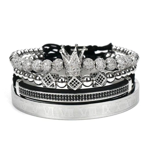 Men's 4pc Crown Charm Macrame Bead Bracelet Set