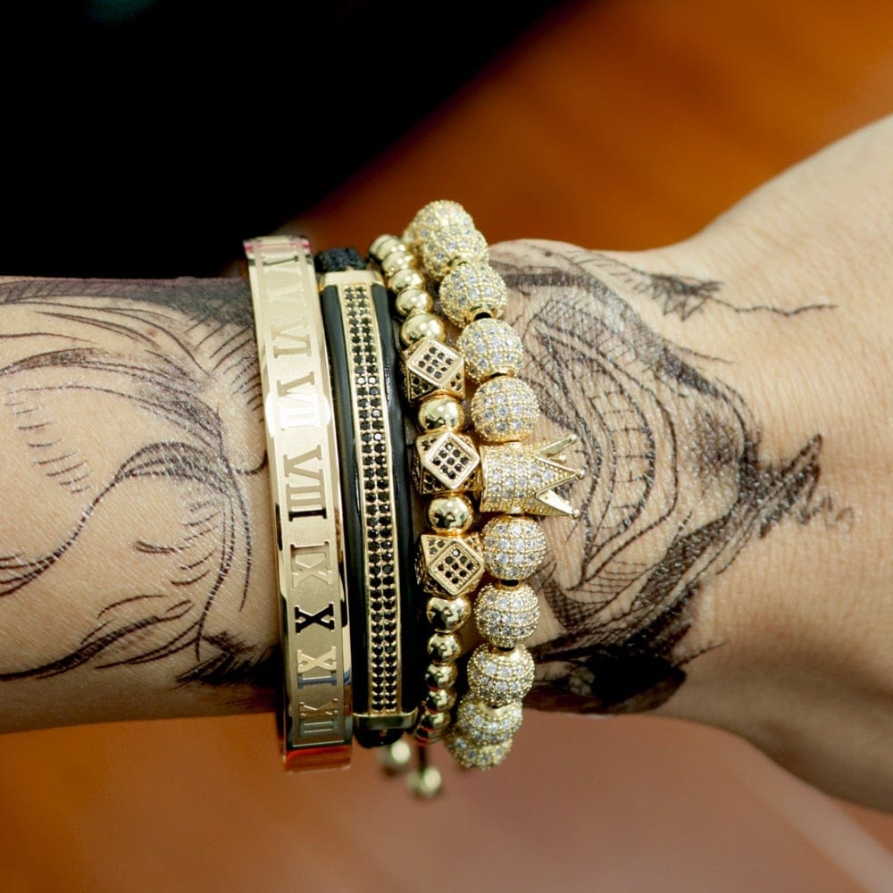 Men's 4pc Crown Charm Macrame Bead Bracelet Set