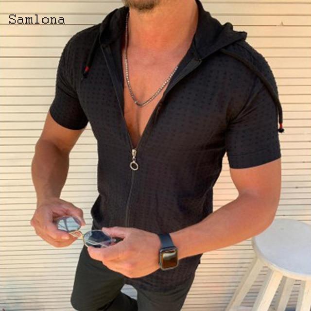 Fashion Long/Short sleeved Hoodie Zipper T shirt Men Clothing Summer Solid color Casual Plaid print Open Stitch Thin Tshirt Mens