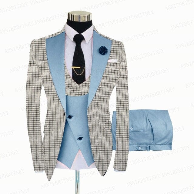 Men's White Grey Plaid 3-Piece Slim Wedding Tuxedo, Blazer Vest Pants