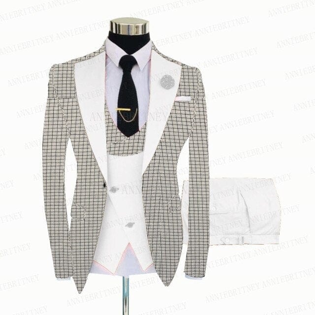 White Grey Plaid Men Suit 3 Pieces Tailored Best Man Groom Wedding Tuxedo Slim Fit Business Blazer Suit Jacket Vest Pants Set