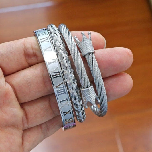 Luxury 3pcs/Set Stainless Steel Bracelet Hip Hop Men Jewelry Roman Number Crown Charm Gold Color Jewelry For Men Pulseira
