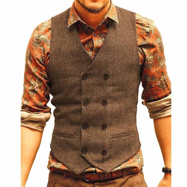 Men's Tweed Victorian Steampunk Wedding Waistcoat Vest Brown Black