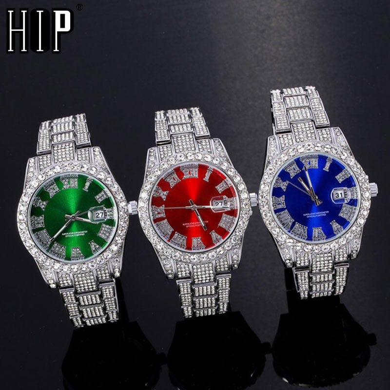 Hip-Hop-Herrenuhren, vollständig mit Steinen besetzt, luxuriöse Quarz-Armbanduhren mit Datumsanzeige und mikrobesetztem kubischem Zirkon, Schmuck für Damen und Herren