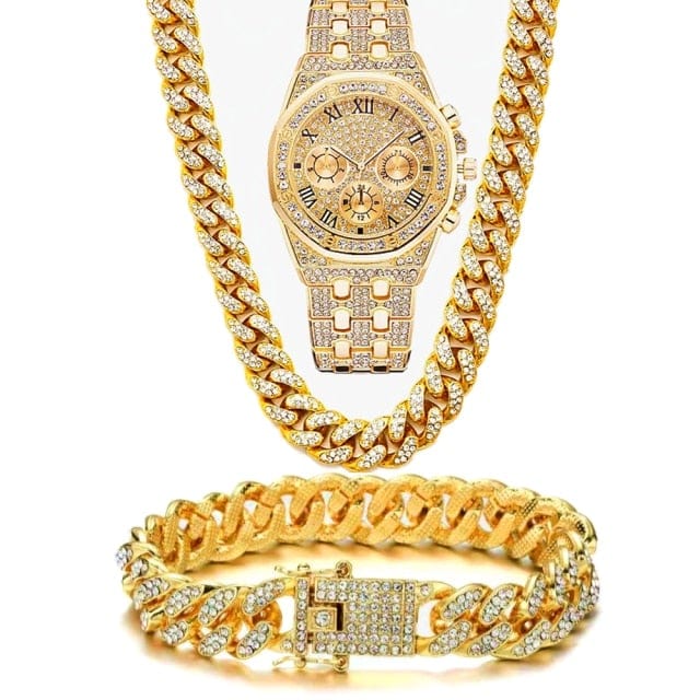 Montre glacée de luxe pour femmes et hommes, style hip-hop, chaîne cubaine Miami bling en CZ, grand collier à chaîne dorée sertie de strass, ensemble de bijoux pour hommes