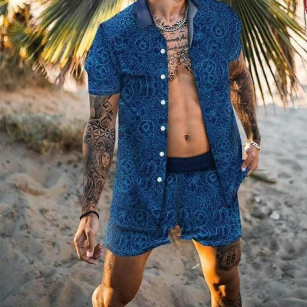Fashion Hawaiian Print Short Sleeve Shirt Set Men's Beach Coconut Print Shorts Men's Daily Beach Shirt Set Two-piece M-3XL