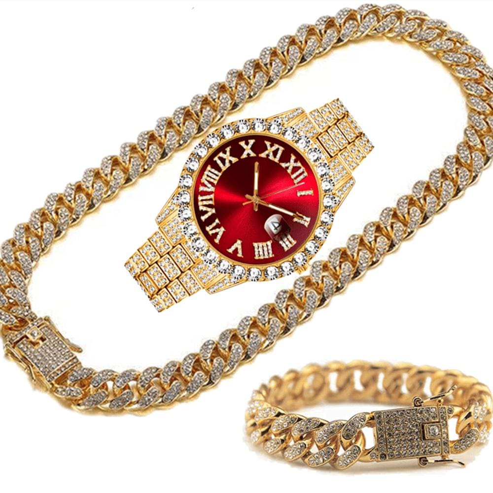 Men's Gold Iced-Out Cuban Chain Watch Bracelet Necklace Set